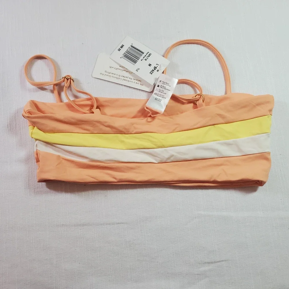 L*Space Rebel Stripe Bikini Top Peach Orange Yellow Swimsuit Medium M NWT Retail
